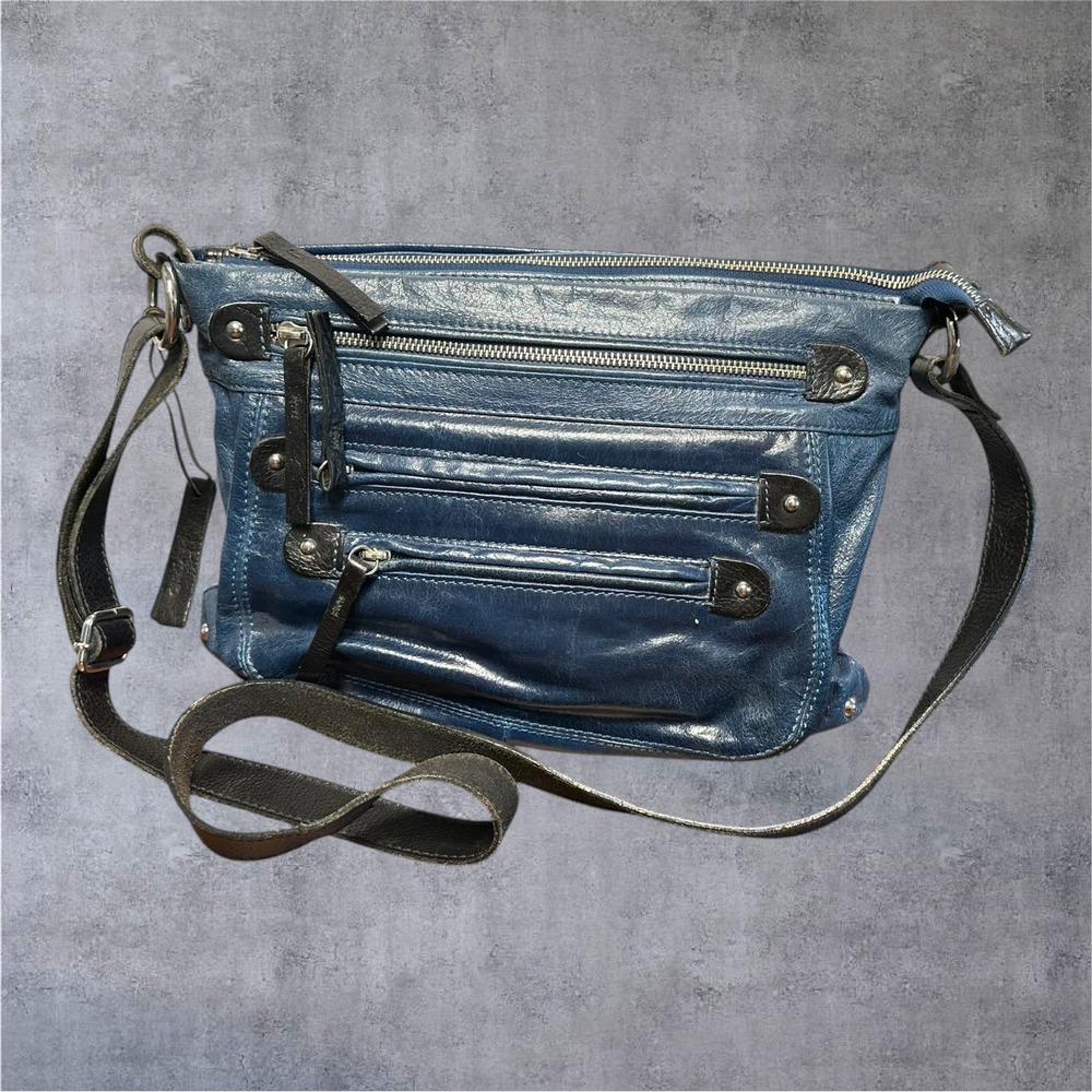 Tano Crossbody Bag Womens Medium Blue Excellent Leather Multi-Pocket